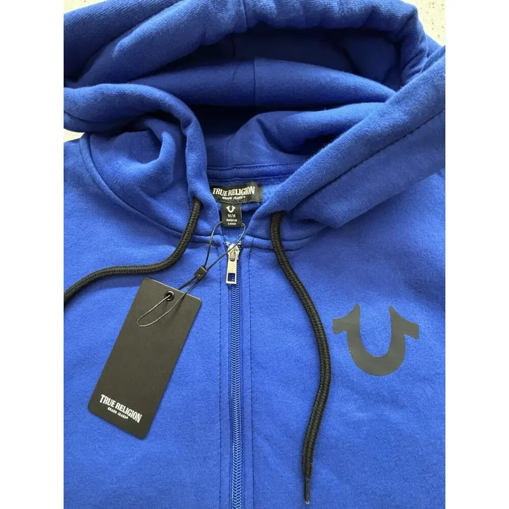 NWT True Religion Contrast Logo Full Zip Hoodie Pacific Royal Blue Men M $124